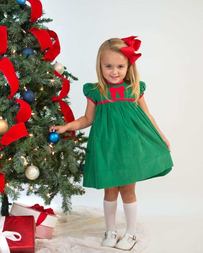 Girl's Christmas Bows Again Applique Dress - Little Threads Inc. Children's Clothing