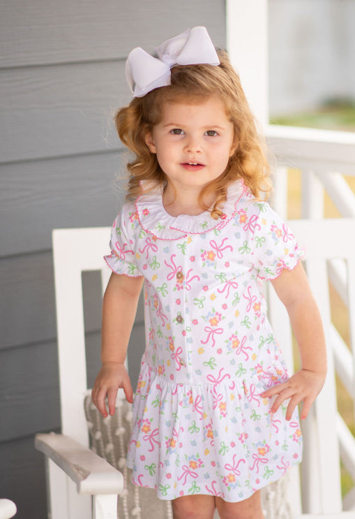 Bows and Flowers Girls Dropped Waist Dress Pima Cotton - Little Threads Inc. Children's Clothing