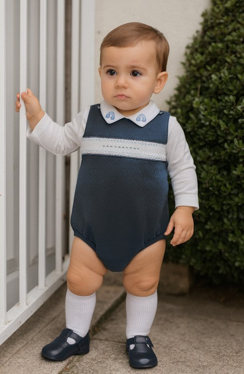 Quilted Navy Smocked Romper with Embroidered Collar