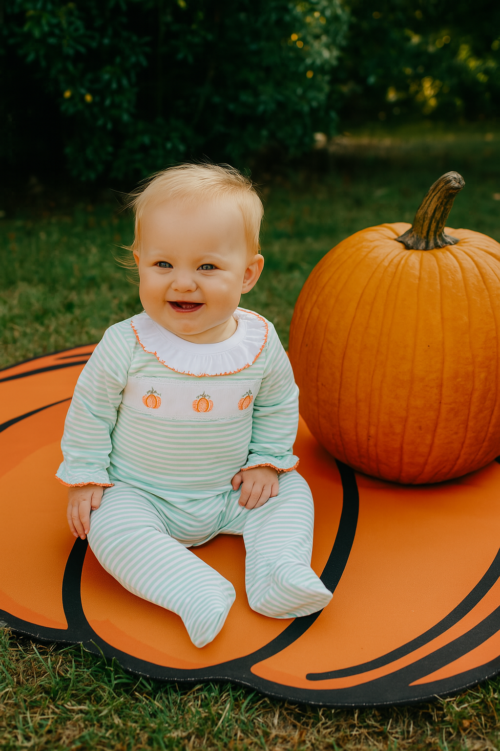 Pumpkin Girl Smocked Footie - Little Threads Inc. Children's Clothing