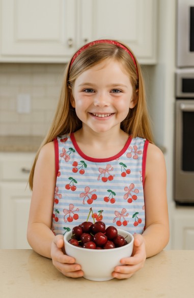 Cherry and Blue stripe A line girl's dress Cherry Collection - Little Threads Inc. Children's Clothing