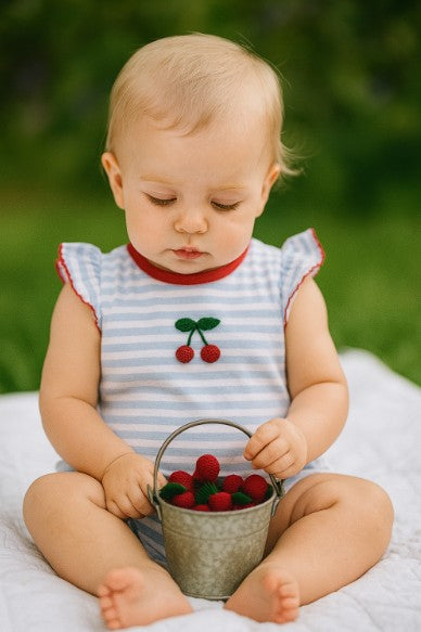 Cherry applique Blue stripe baby girl romper