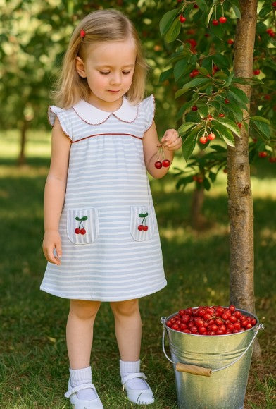 Cherry Striped Float pocket girl's dress - Little Threads Inc. Children's Clothing