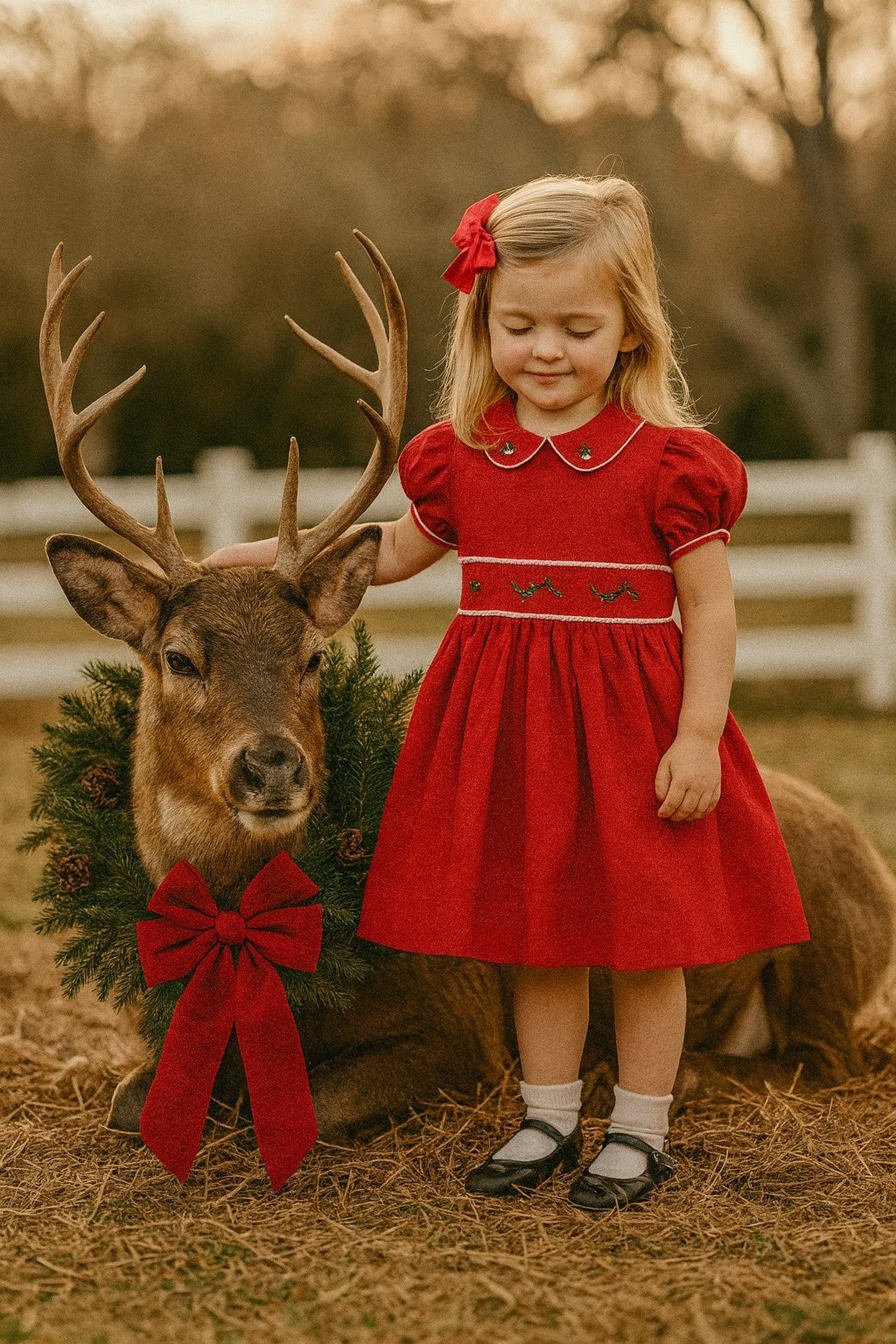 Christmas Red Holly Hand-Embroidered Corduroy Girl's Dress