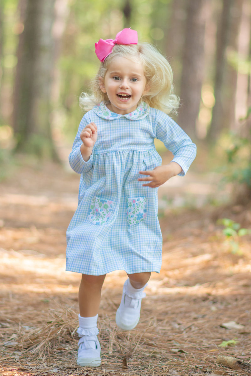 Girl's "Christina" Checkered Dress with Floral Pockets - Little Threads Inc. Children's Clothing