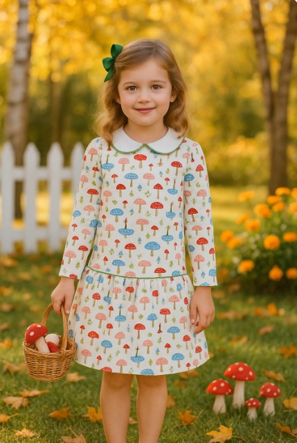 Fall Mushrooms Print Dropped Waist Girl's Dress - Little Threads Inc. Children's Clothing