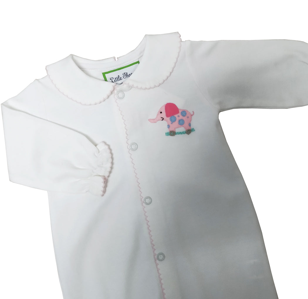Baby Girl’s White Footie with Pink Elephant Embroidery - Little Threads Inc. Children's Clothing