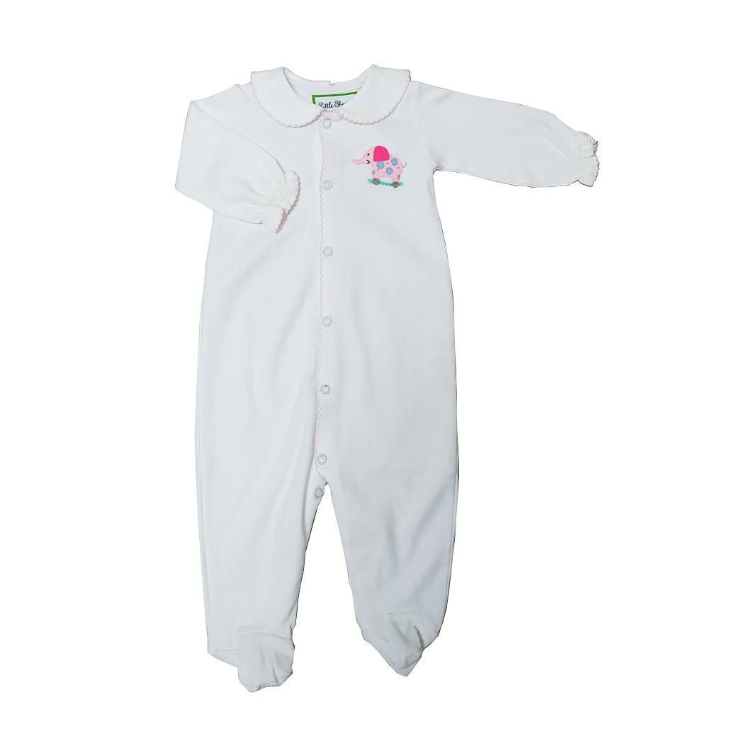 Baby Girl’s White Footie with Pink Elephant Embroidery - Little Threads Inc. Children's Clothing