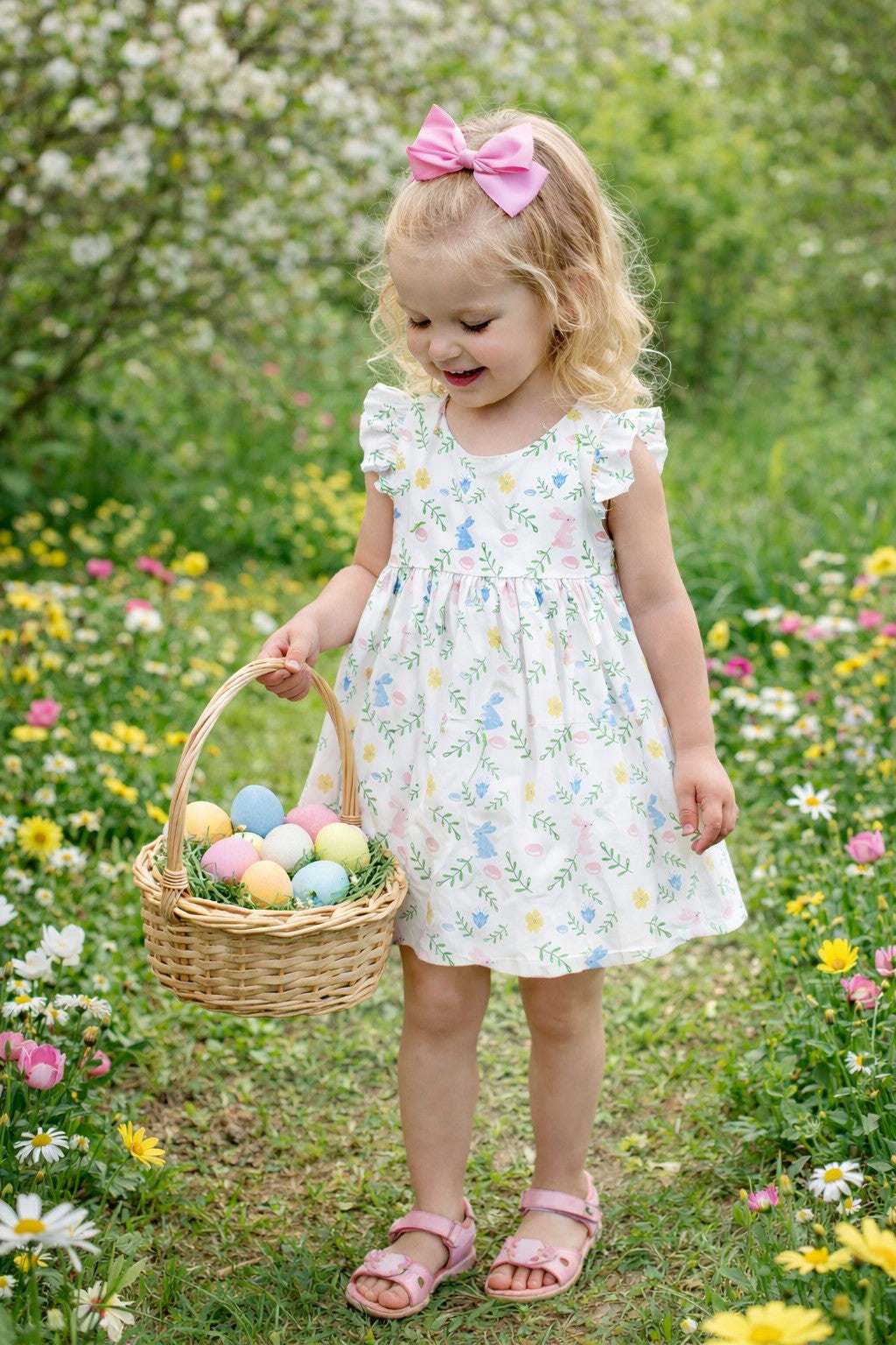 Criss-Cross Back Girl's Dress Easter Floral with Bunnies