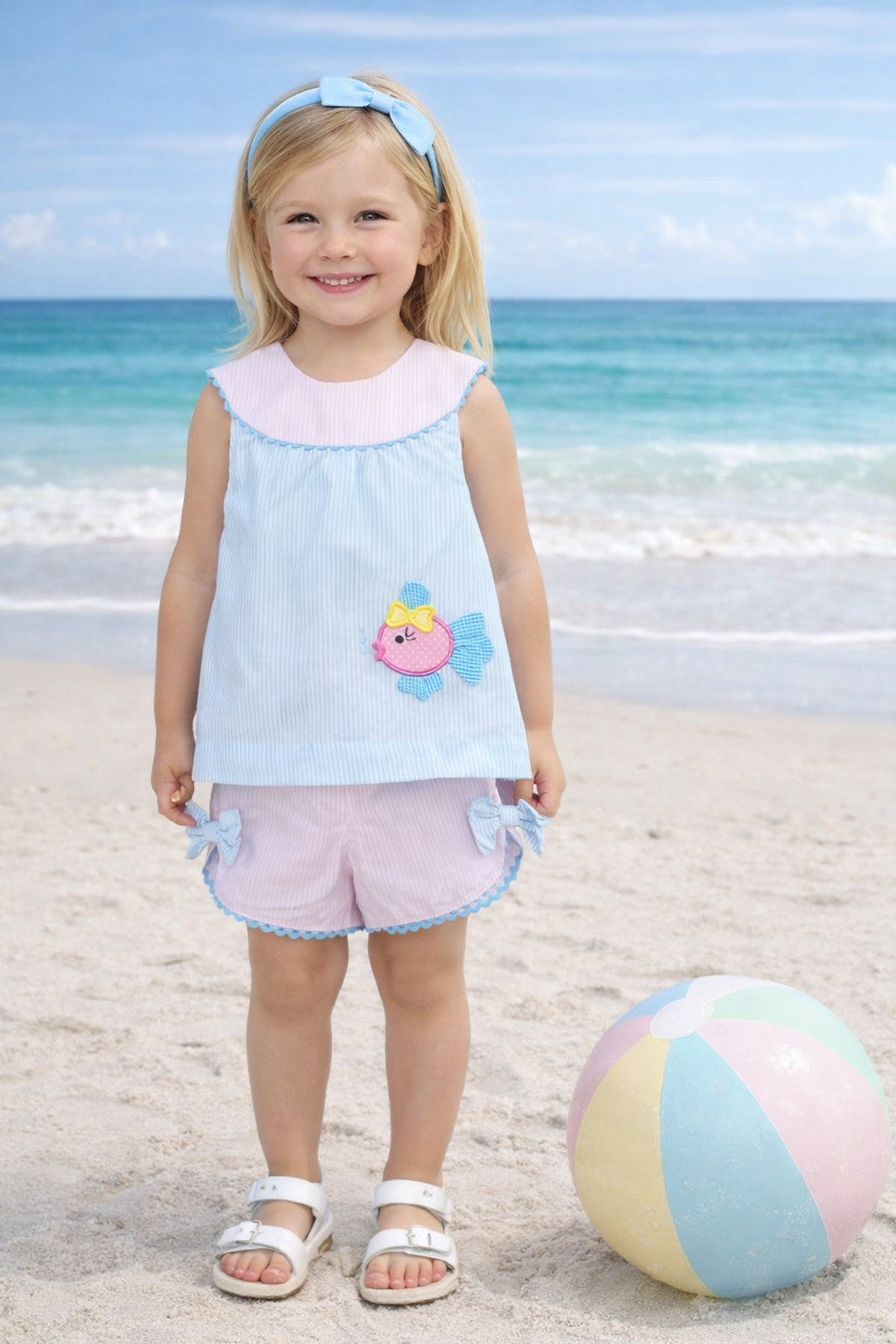 Girl's Pink and Blue "Fish" Applique Short Set - Little Threads Inc. Children's Clothing