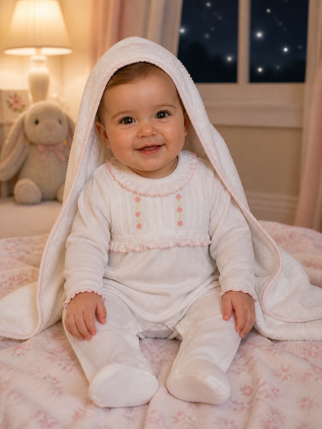 Baby Girl's White Footie with Pink Flowers