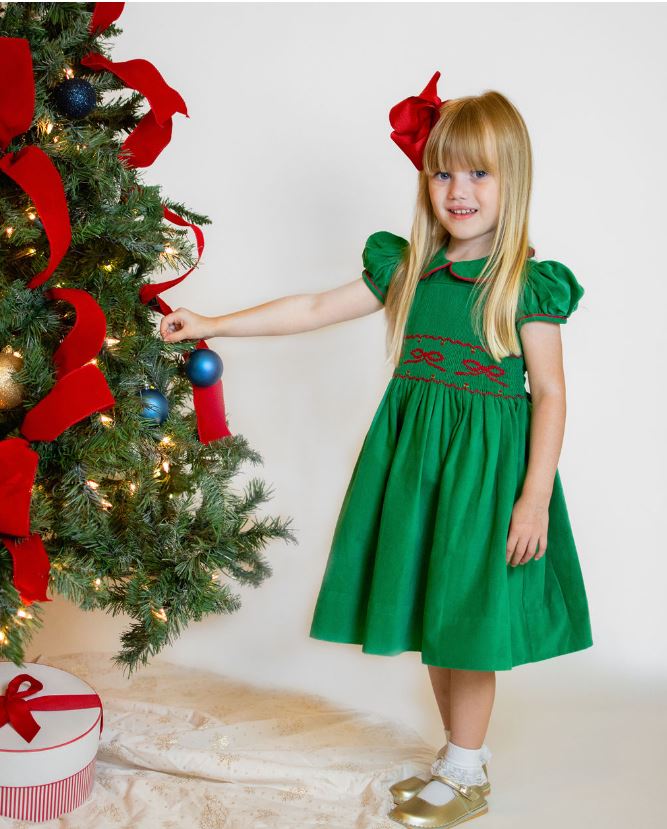 Girl's "Bows Again" Green Corduroy Smocked Dress - Little Threads Inc. Children's Clothing