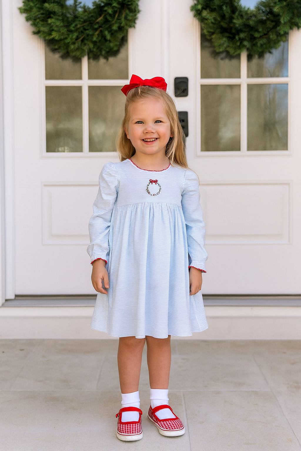 Christmas wreath knit blue stripe cotton knit drfess