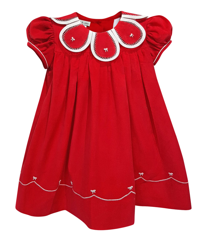 Girl's "Bows for Christmas" Petal Dress with White Trim - Little Threads Inc. Children's Clothing