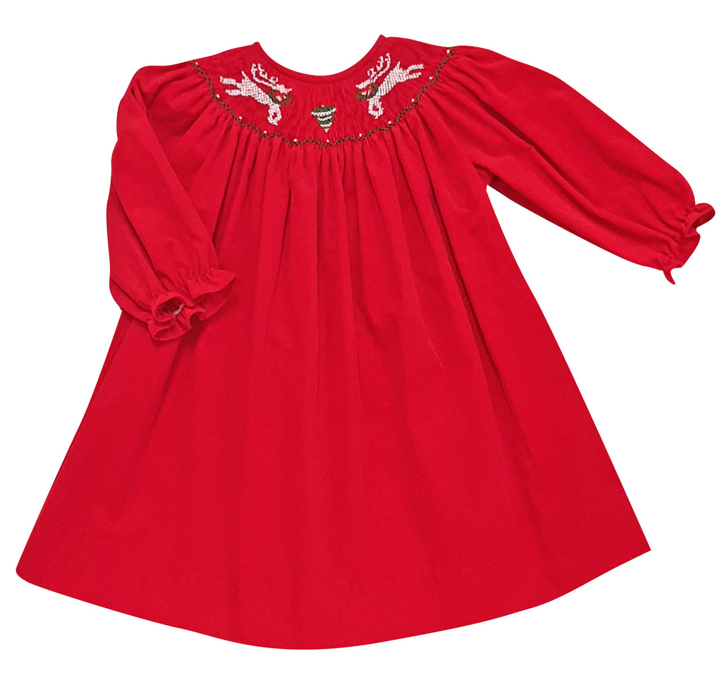 Girl's "Reindeer" Smocked Bishop - Little Threads Inc. Children's Clothing