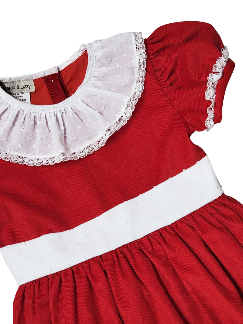 Girl's Red Corduroy Classic Ruffle Christmas Dress - Little Threads Inc. Children's Clothing