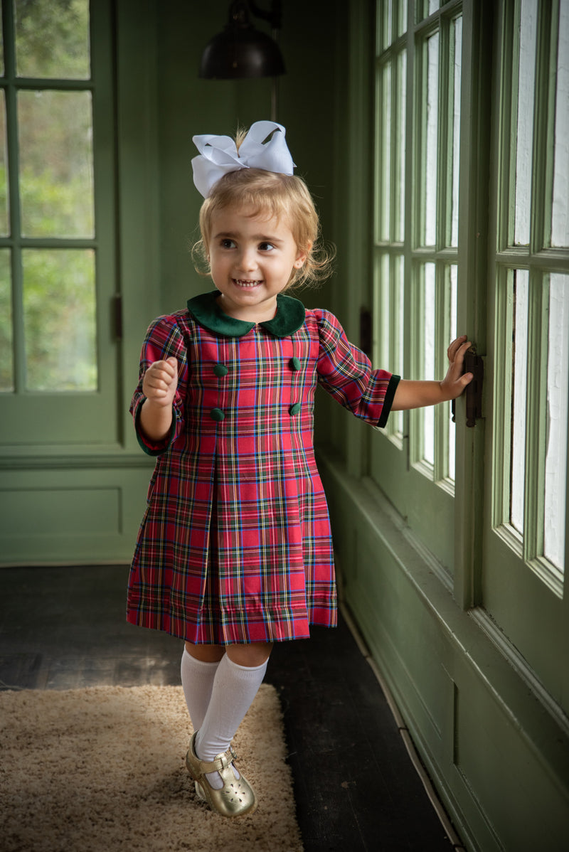 Girl's "Christmas Plaids" Pleated Buttons Dress - Little Threads Inc. Children's Clothing