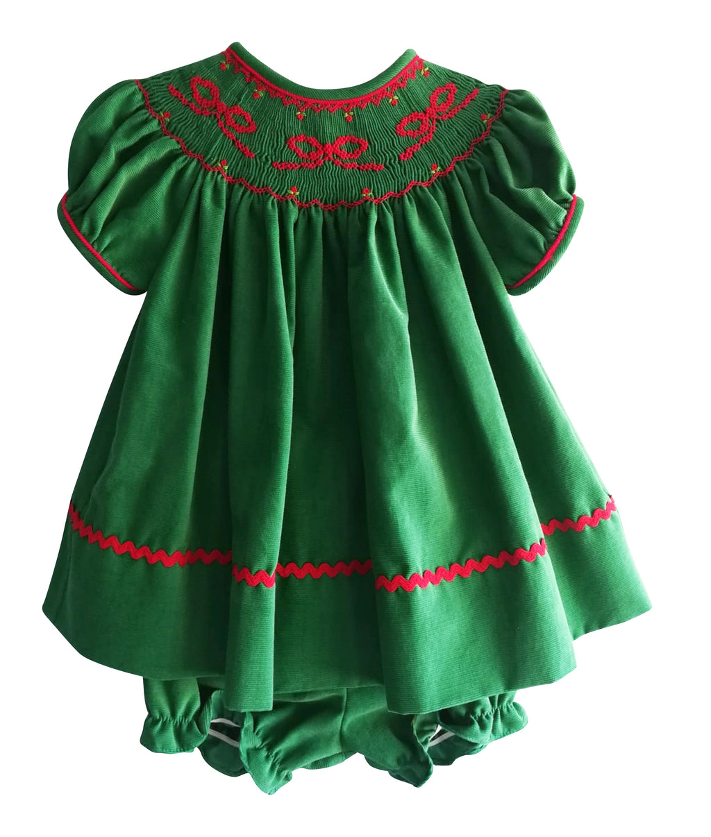 Girl's "Christmas Bows Again" Green Corduroy Bishop - Little Threads Inc. Children's Clothing