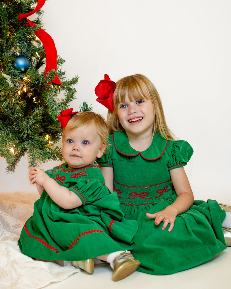 Girl's "Bows Again" Green Corduroy Smocked Dress - Little Threads Inc. Children's Clothing