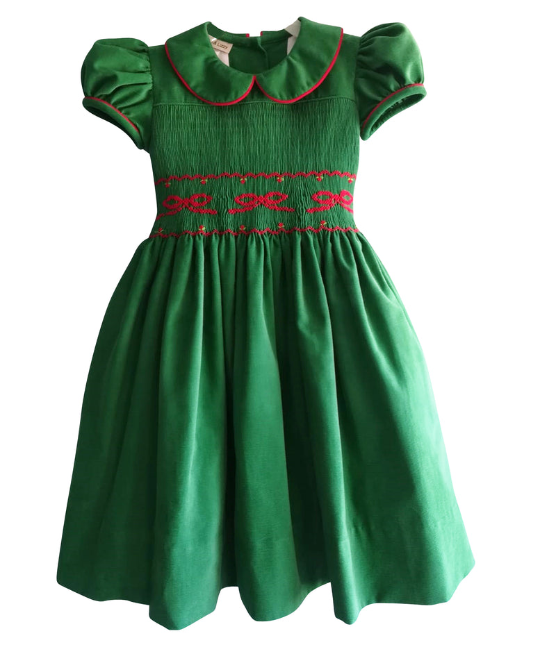 Bows Again Green Corduroy Smocked Dress - Little Threads Inc. Children's Clothing