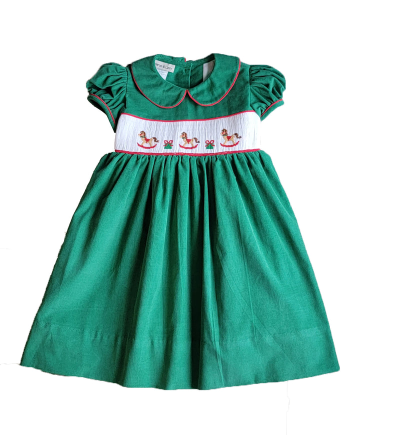 Girl's "X-Mas Rocking Horse" Smocked Dress - Little Threads Inc. Children's Clothing