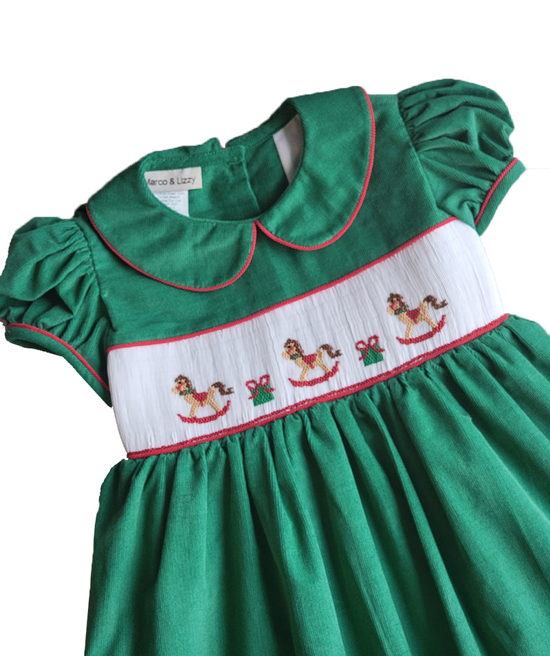 Girl's "X-Mas Rocking Horse" Smocked Dress - Little Threads Inc. Children's Clothing