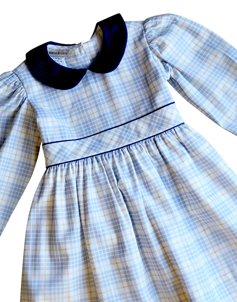 Mia - Long sleeved Girl's Plaid with blue corduroy Dress - Little Threads Inc. Children's Clothing