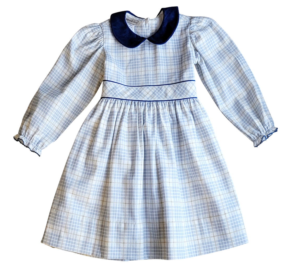 Mia - Long sleeved Girl's Plaid with blue corduroy Dress - Little Threads Inc. Children's Clothing
