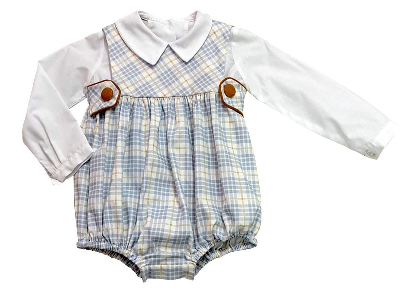 Celine - Fall Light Blue Plaid Boy Romper Set and white Top - Little Threads Inc. Children's Clothing