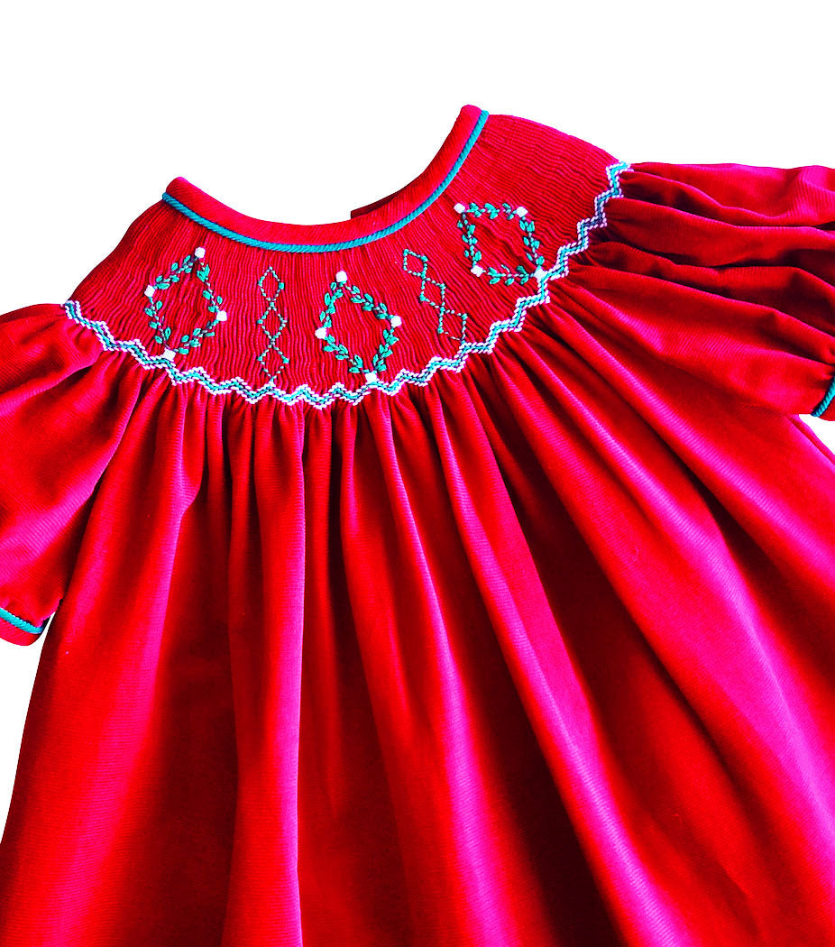 Christmas Time Girl Hand Smocked Bishop Red Dress - Little Threads Inc. Children's Clothing