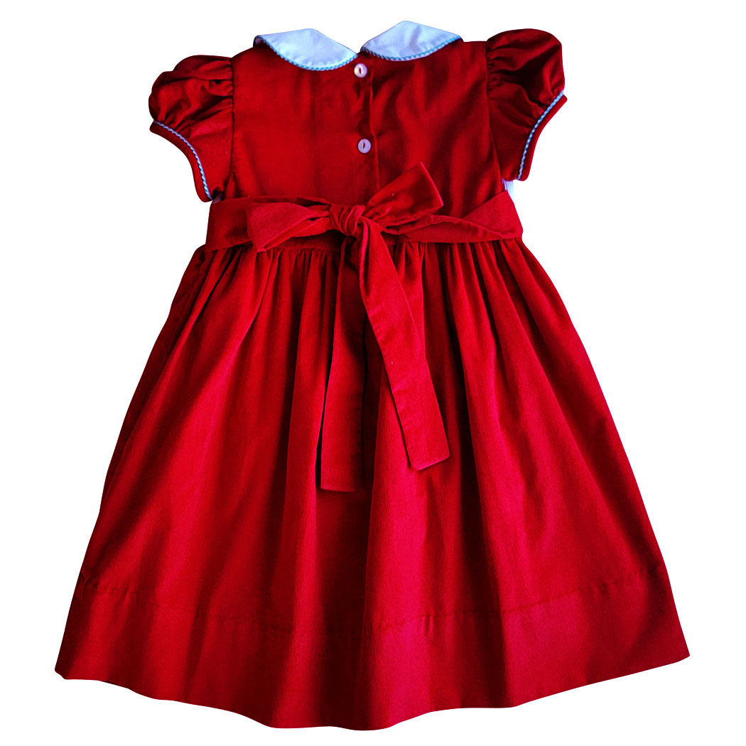 Girl's "Christmas Noel" Hand Smocked Red Corduroy Dress - Little Threads Inc. Children's Clothing
