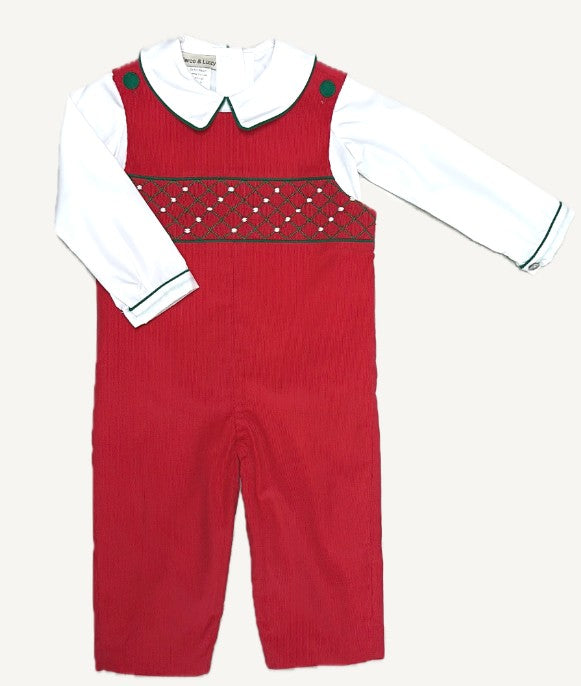 Red cord Christmas Overall Hand smocked Overall Set - Little Threads Inc. Children's Clothing