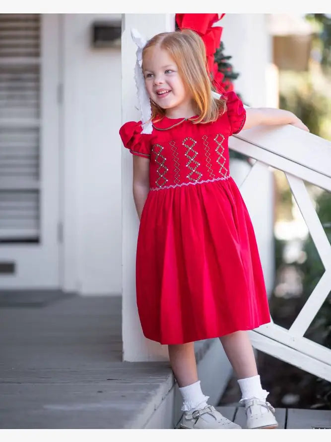 Christmas Time Girl's Hand Smocked Red Dress