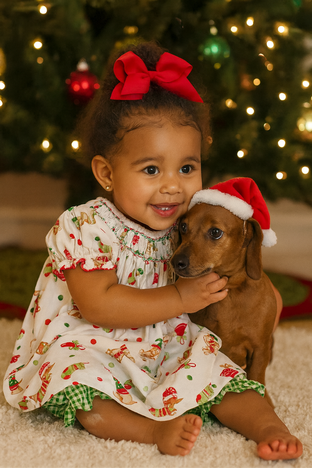 Girl's "Christmas Dog" Print Pima Cotton Bishop Dress