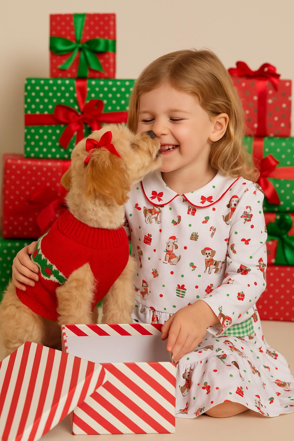 Girl's "Christmas Dogs" Printed Dropped Waist Dress