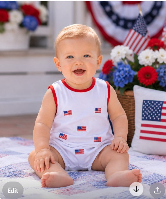 Star Spangled Banner Flags all over baby boy's romper