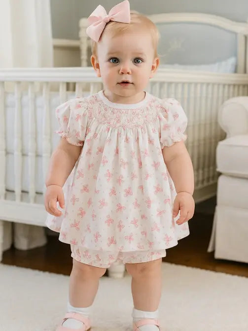 Pink Bows Hand Smocked Baby Girl Bishop Dress set - Little Threads Inc. Children's Clothing