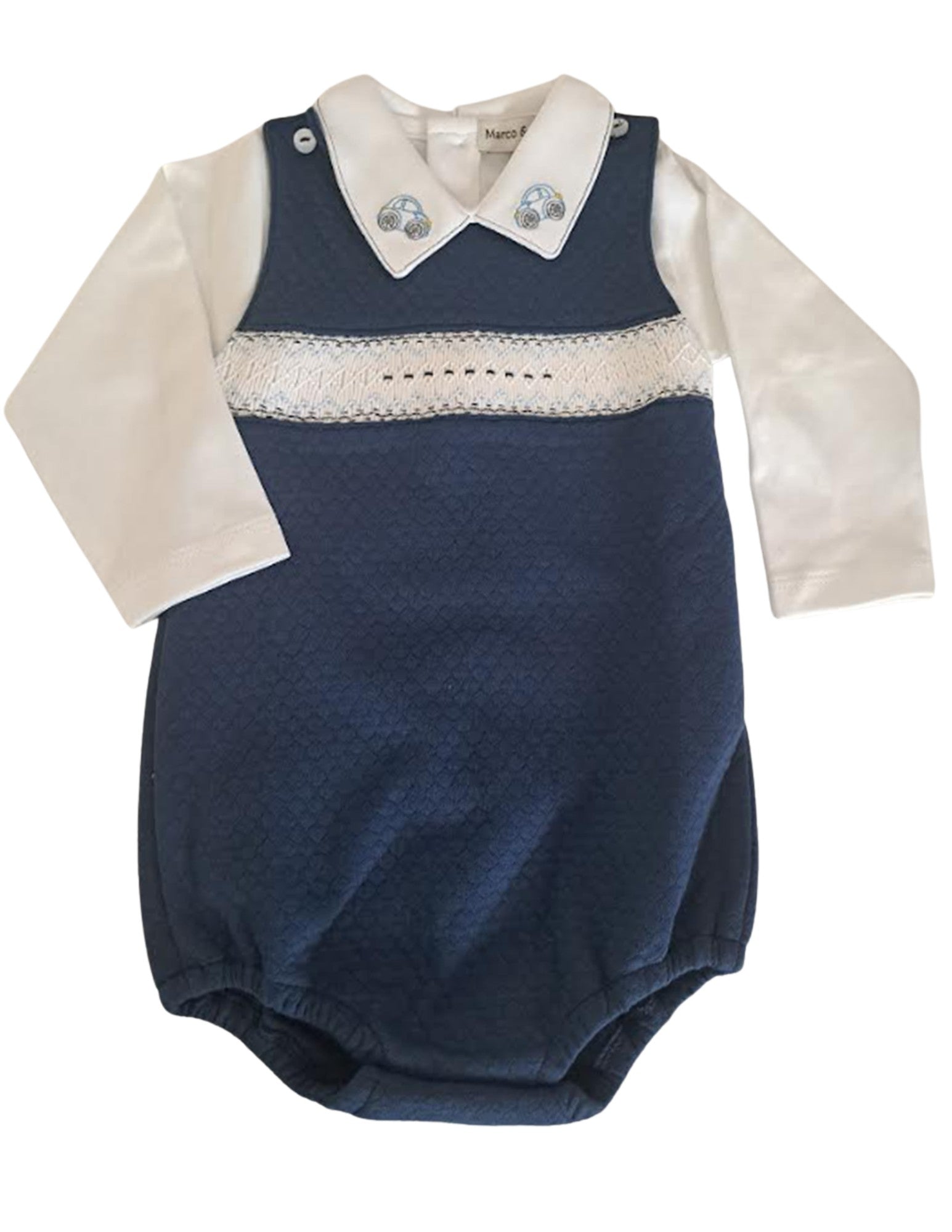 Quilted Navy Smocked Romper with Embroidered Collar