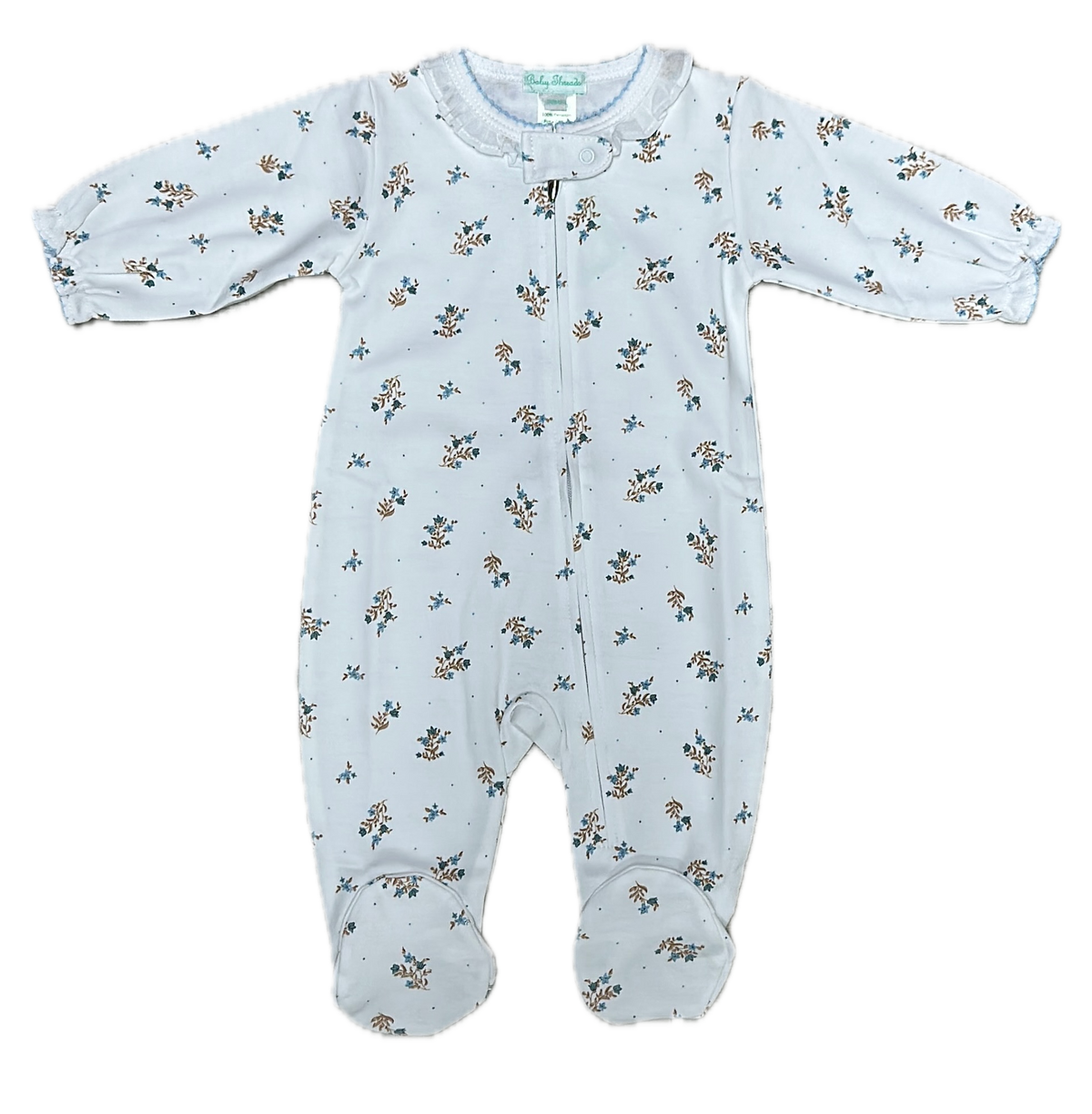 Girls footie Dainty blue flowers 100% Pima Cotton