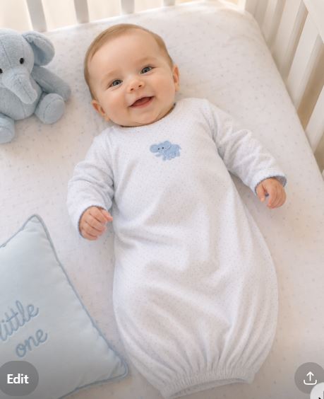 Baby in a white onesie with a blue elephant design, lying on a white blanket with a gray elephant toy and 'little one' pillow.