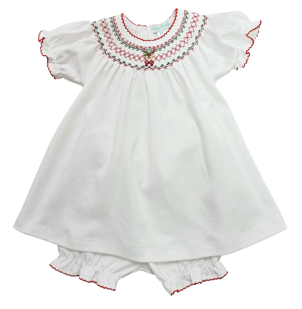 Christmas Reindeer Hand smocked girl's bishop - Little Threads Inc. Children's Clothing