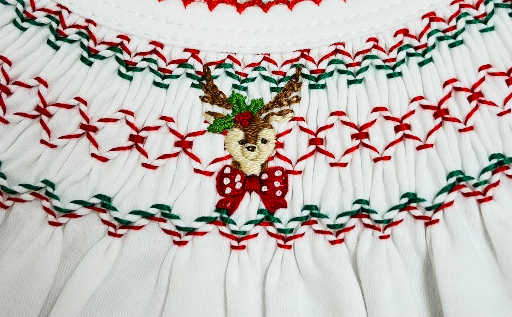 Christmas Reindeer Hand smocked girl's bishop - Little Threads Inc. Children's Clothing