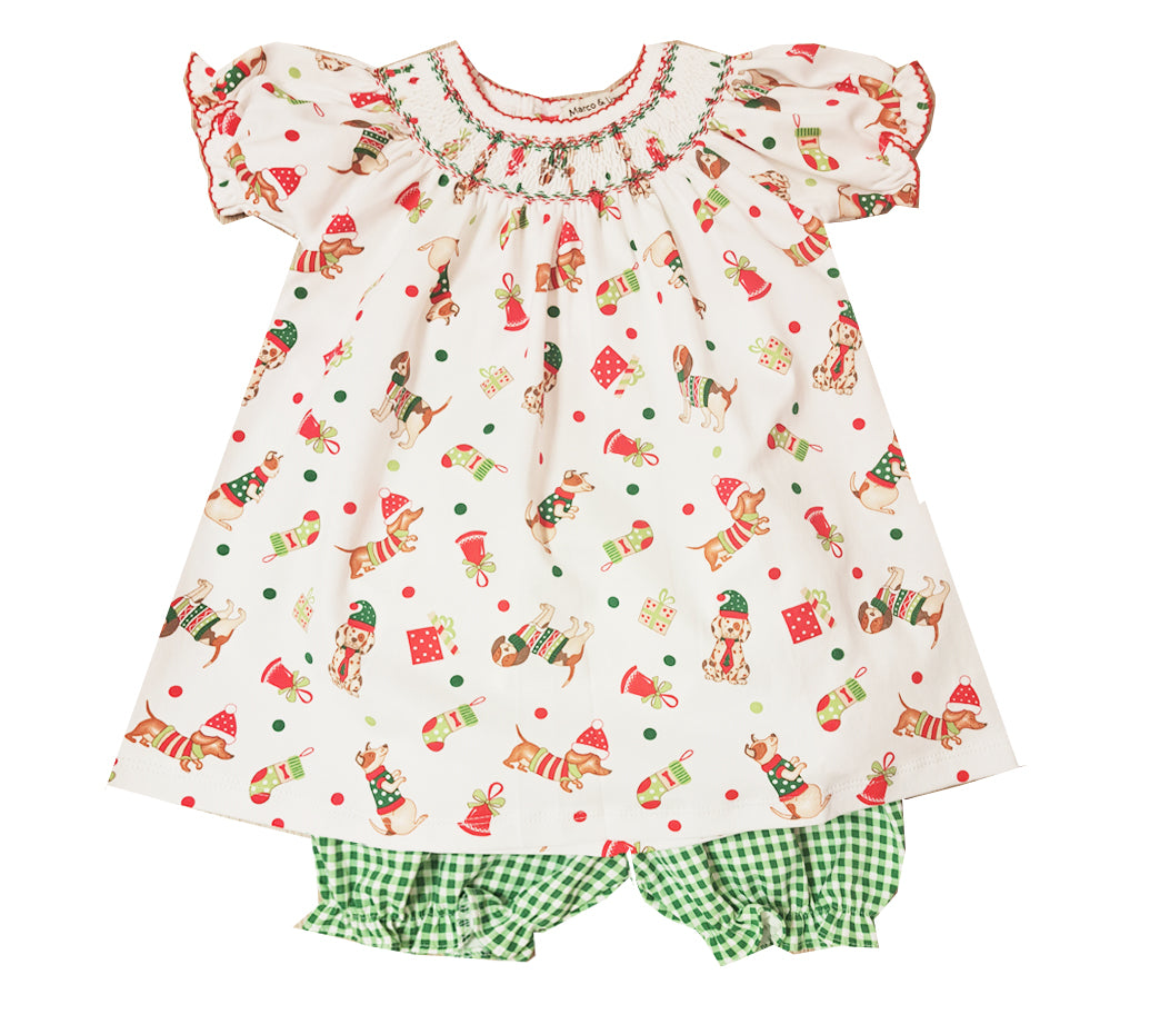 Christmas Dogs baby girl hand smocked bishop - Little Threads Inc. Children's Clothing