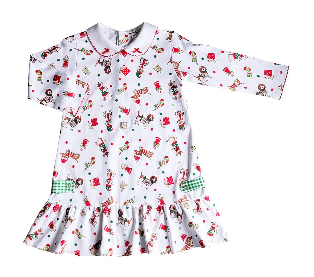 Girl's "Christmas Dogs" Printed Dropped Waist Dress