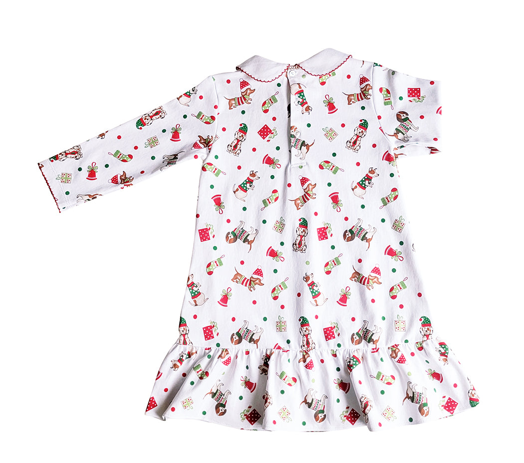 Girl's "Christmas Dogs" Printed Dropped Waist Dress