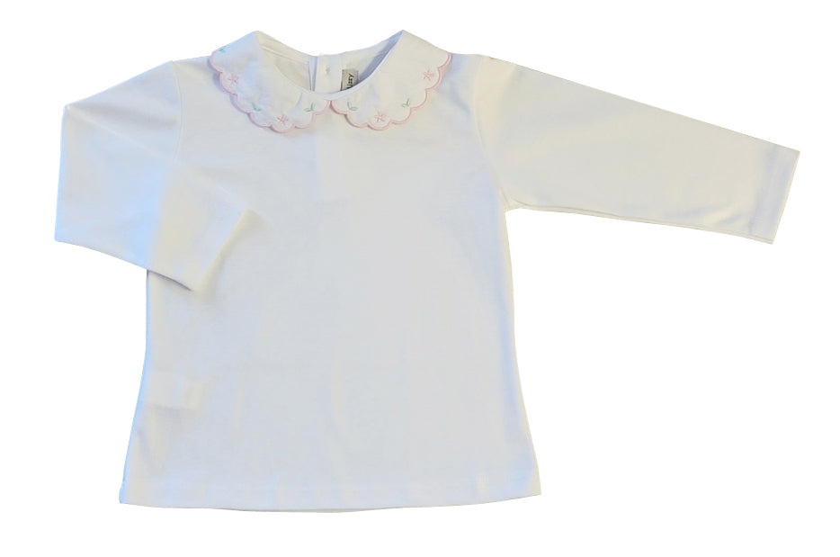 Girl's Pima Cotton Top with Peter Pan Collar & Pink Flowers - Little Threads Inc. Children's Clothing