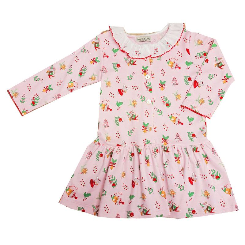 Girl's "Christmas Mice" Pima Cotton Drop Waist Dress - Little Threads Inc. Children's Clothing