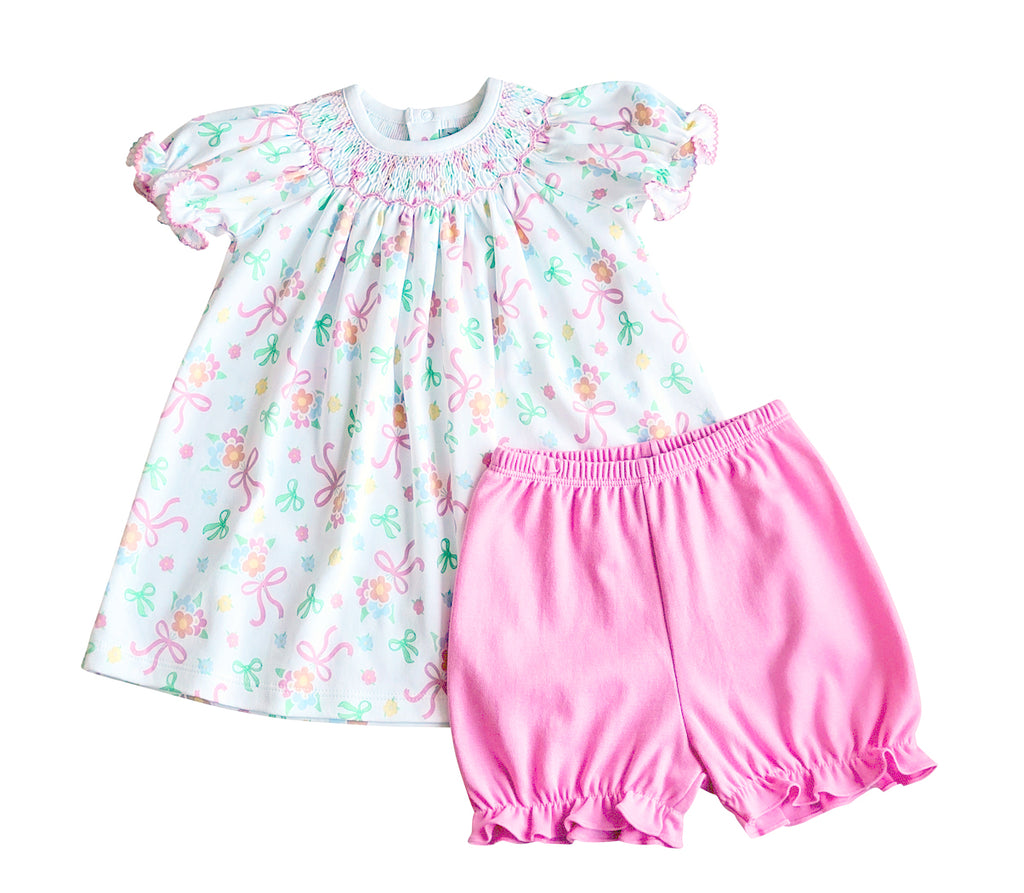 Bows and Flowers Hand Smocked Bishop Pima Cotton - Little Threads Inc. Children's Clothing