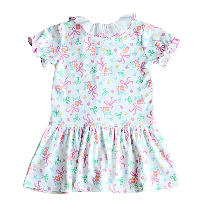 Bows and Flowers Girls Dropped Waist Dress Pima Cotton - Little Threads Inc. Children's Clothing