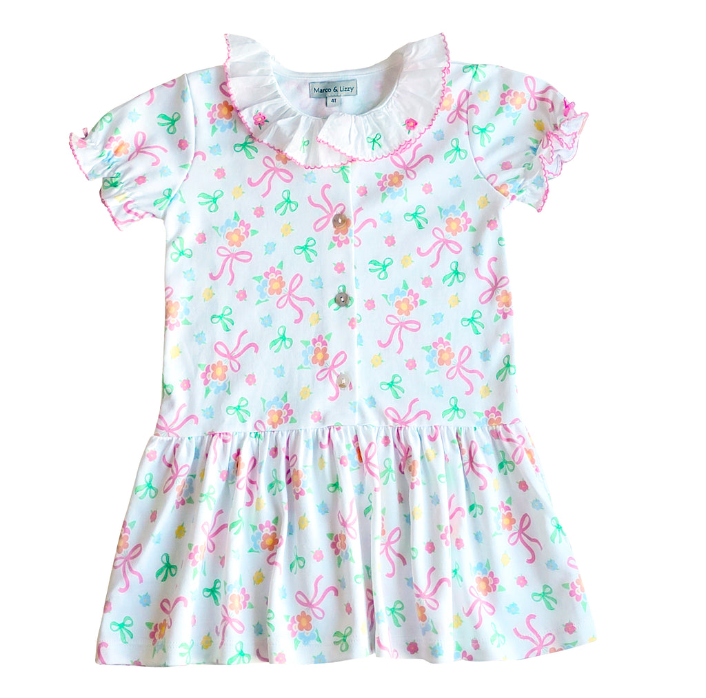 Bows and Flowers Girls Dropped Waist Dress Pima Cotton - Little Threads Inc. Children's Clothing